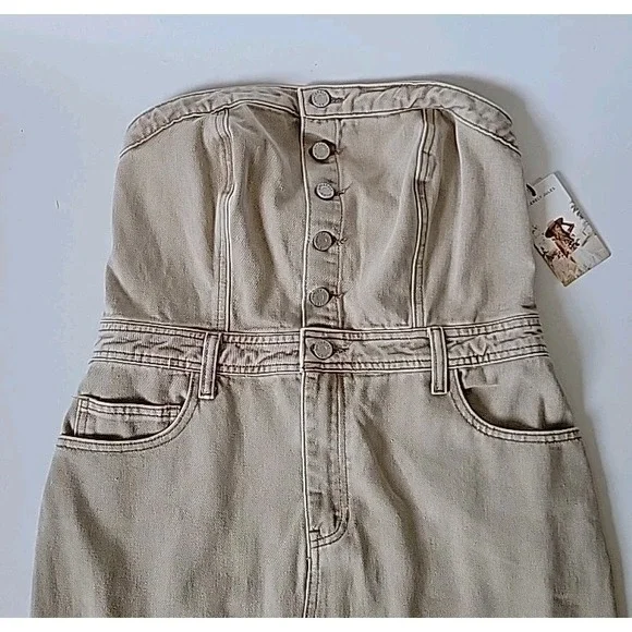 Sincerely Jules Strapless Square Neck Denim Midi Pencil Dress Beige NEW Neutral - Picture 3 of 12